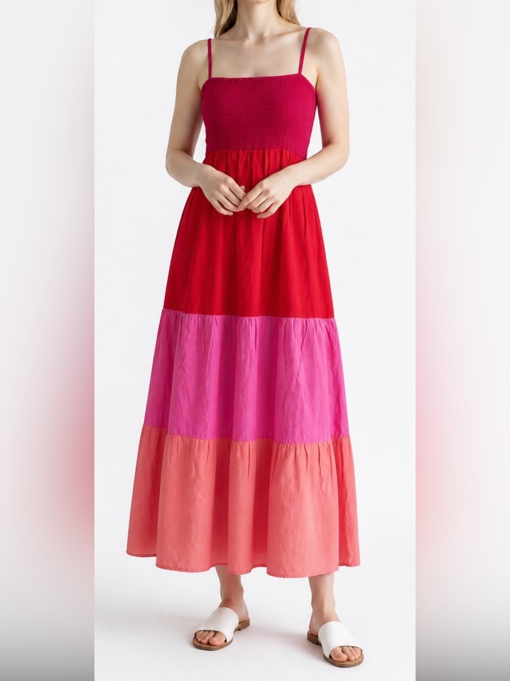 Loft Outlet Pink Colorblock Smocked Chest Summer Boho Maxi Dress Size Small NWT